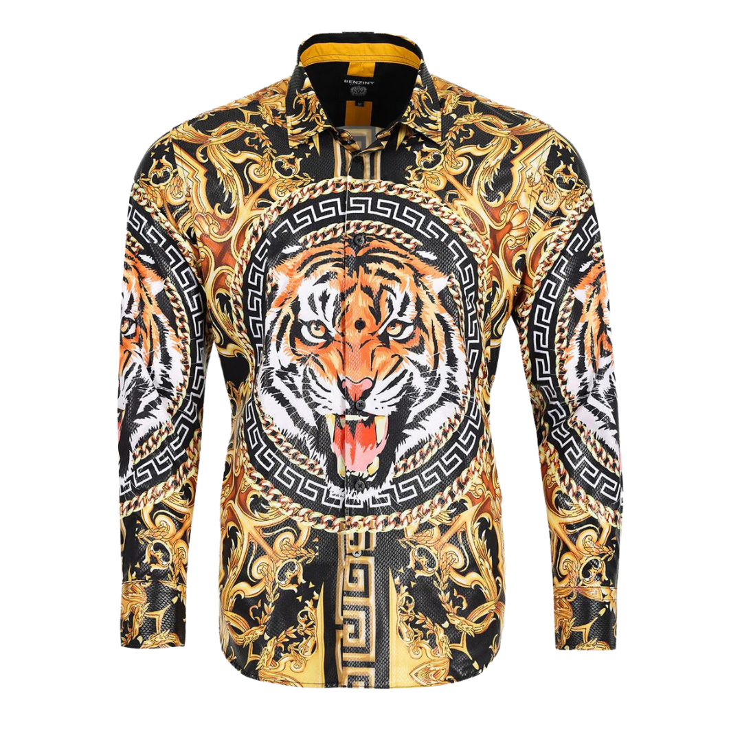 Men's Long Sleeve Button Down Dress Shirt Roar Tiger Black Gold