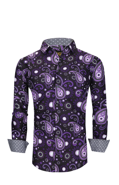 Men PREMIERE Long Sleeve Button Down Dress Shirt Purple Black Paisley Designer Shirt
