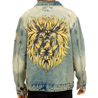 Mens Denim Lion Head Jacket Blue Indigo Vintage Wash Jean Jacket