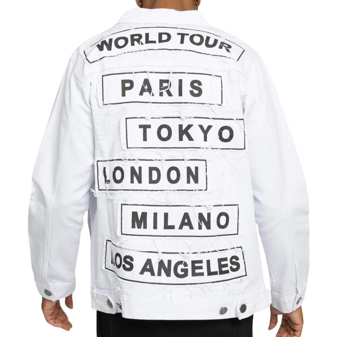 Mens Denim Jacket White with Black Print World Tour Paris Tokyo London Milan LA
