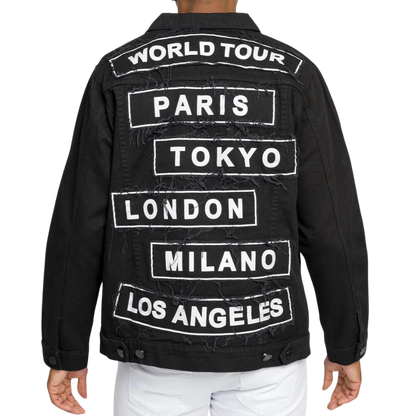 Mens Denim Jacket Jet Black White Print World Tour Paris Tokyo London Milan LA