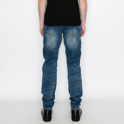 Men's Premium Distressed Biker Blue Denim Wash Skinny Jeans with Stretch