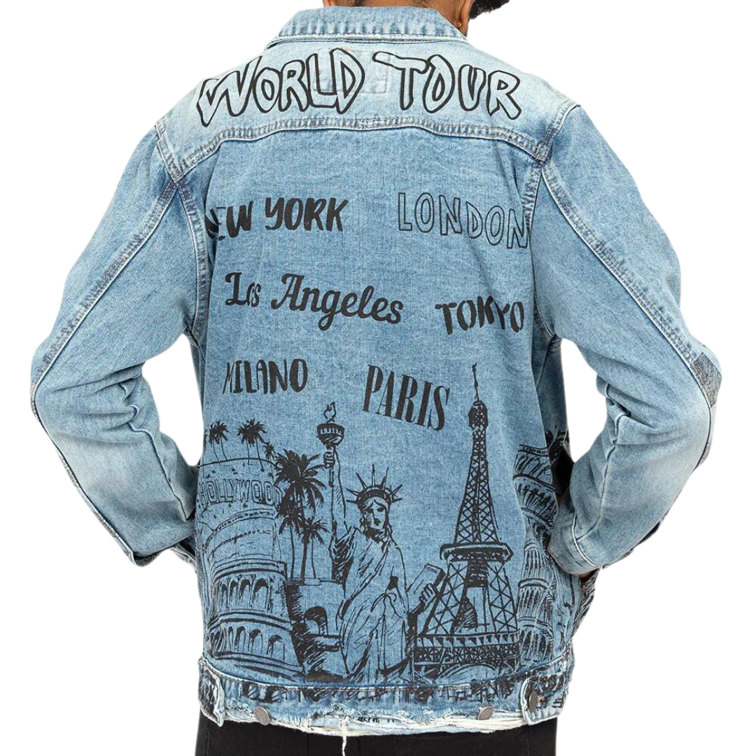 Mens Denim Jacket Blue Wash Black Print World Tour NY Paris Tokyo London Milan LA