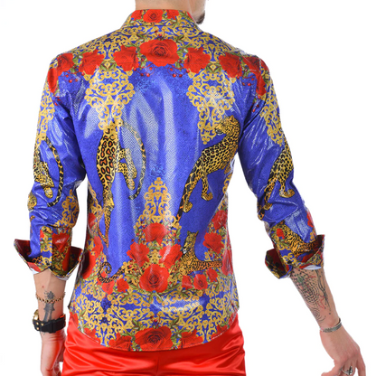Men's Long Sleeve Button Down Dress Shirt Colorful Blue Red Gold Leopard Floral Geometric