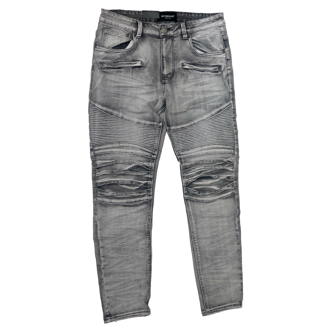 Men's Premium Distressed Grey Wash Biker Denim Jeans