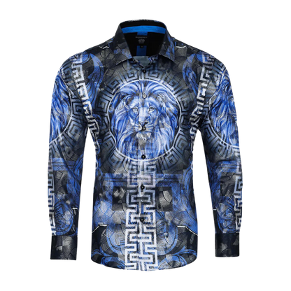 Men's Long Sleeve Button Down Dress Shirt Roar Lion Blue Black White Leaf Tiger