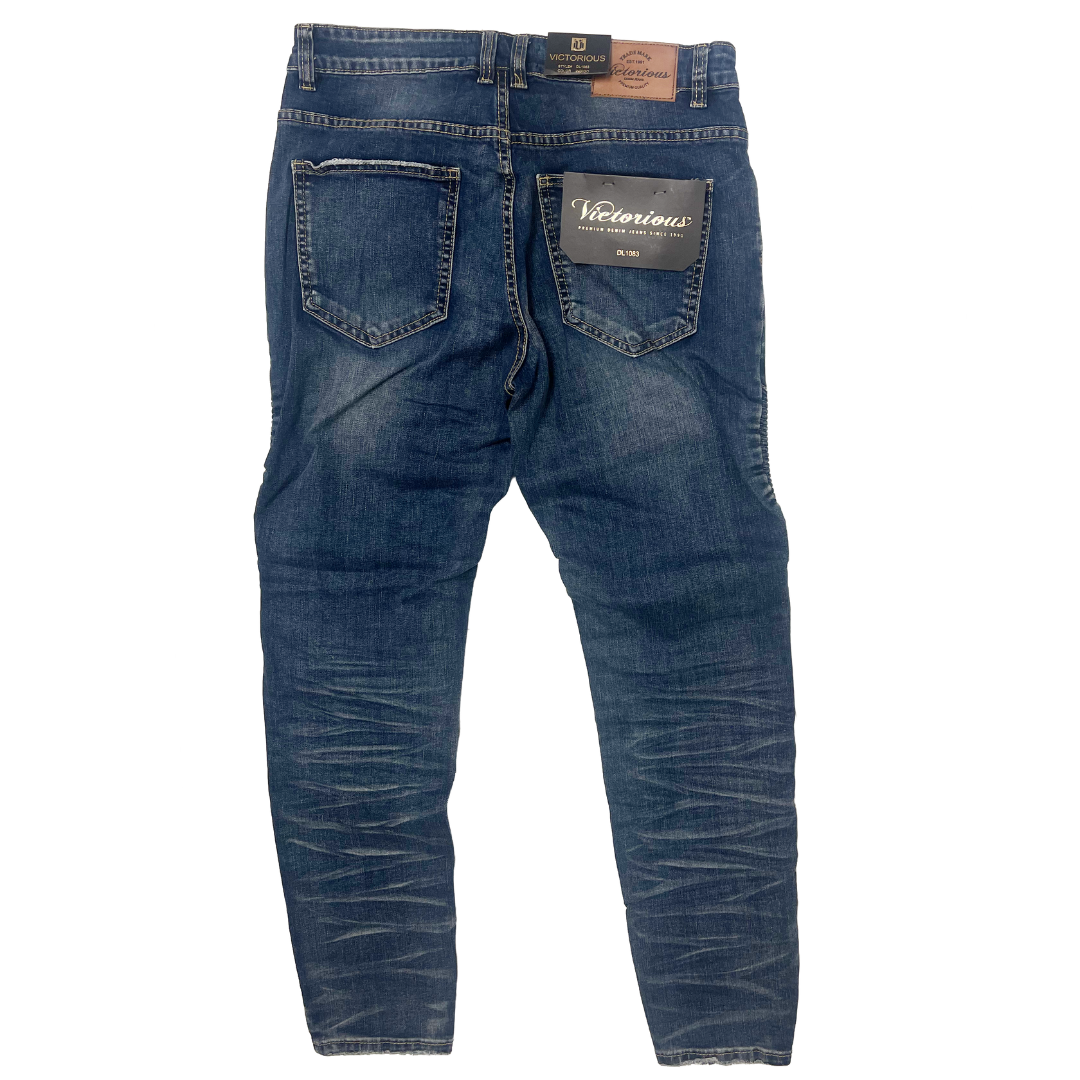 Men's Premium Distressed Blue Wash Biker Denim Jeans