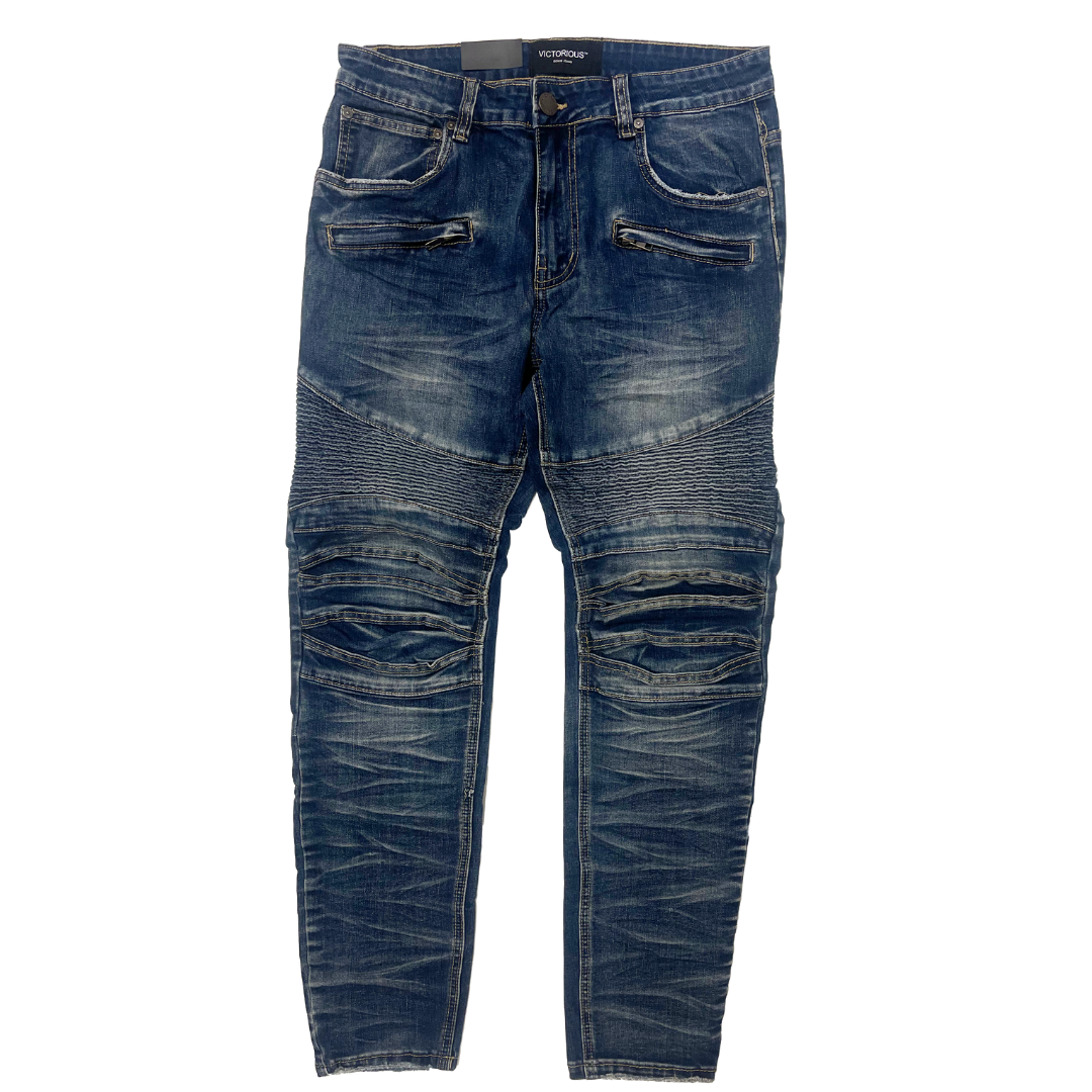 Men's Premium Distressed Blue Wash Biker Denim Jeans