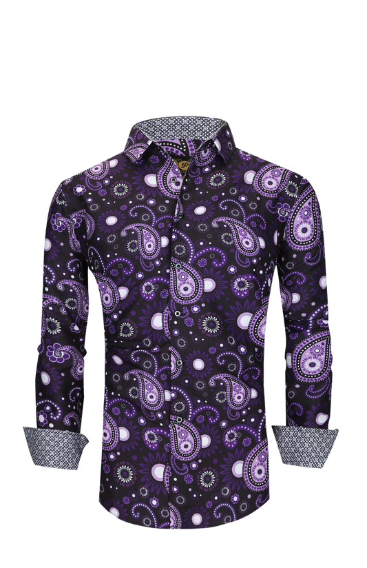 Men PREMIERE Long Sleeve Button Down Dress Shirt Purple Black Paisley Designer Shirt