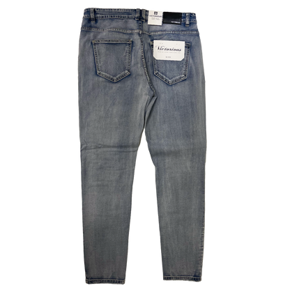 Men's Premium Distressed Blue Wash Colorful Stones Patch Distressed Denim Jeans
