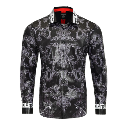 Men's Long Sleeve Button Down Dress Shirt Black White Jewel Geometric Print