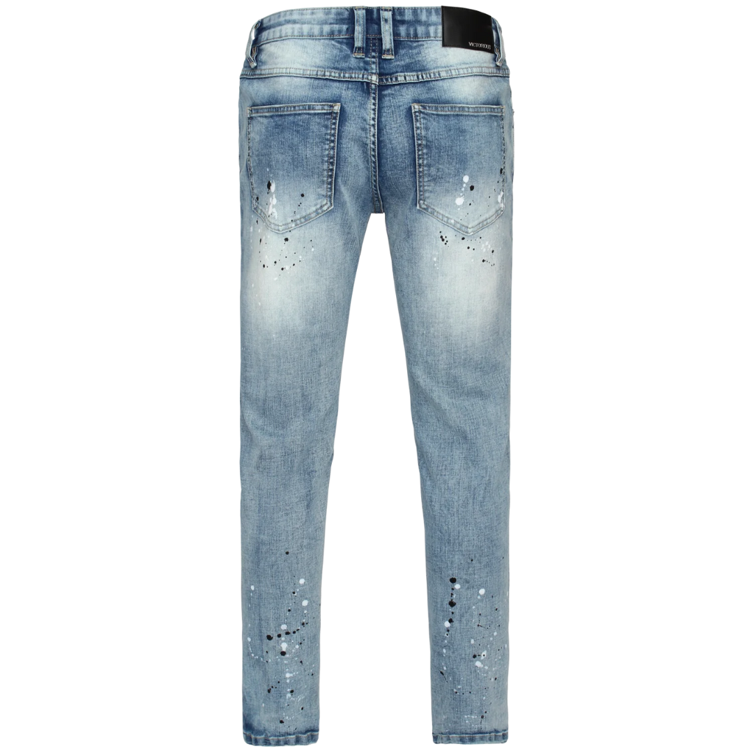 Men's Premium Black Stones Distressed Light Blue Denim Light Wash Slim Fit Jeans with Stretch