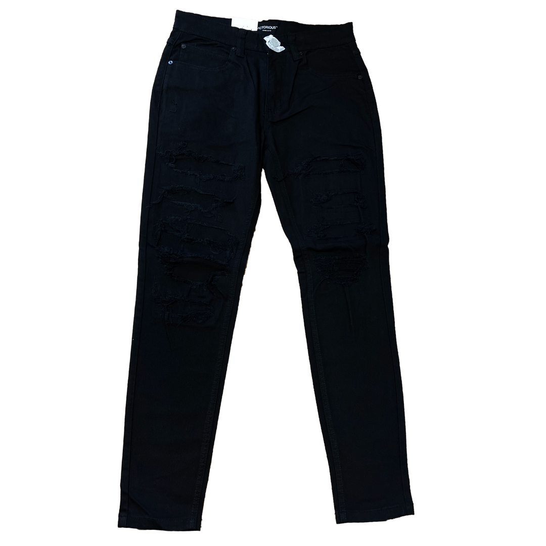 Men's Premium Distressed Jet Black Denim Wash Skinny Jeans with Stretch