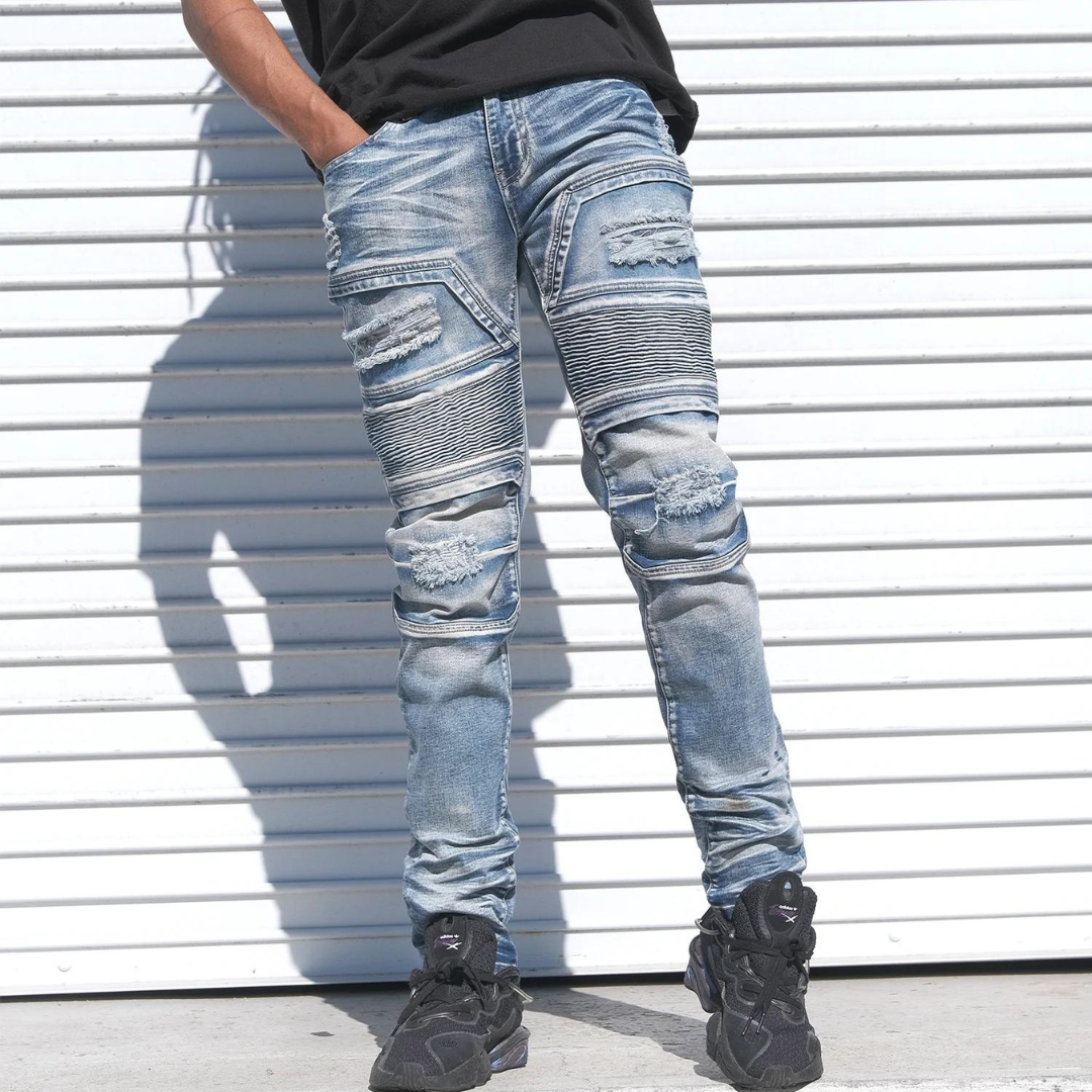 Men's Premium Distressed Biker Blue Denim Wash Skinny Jeans with Stretch