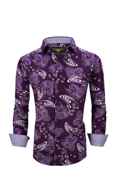 Men PREMIERE Long Sleeve Button Up Dress Shirt Colorful Purple Paisley