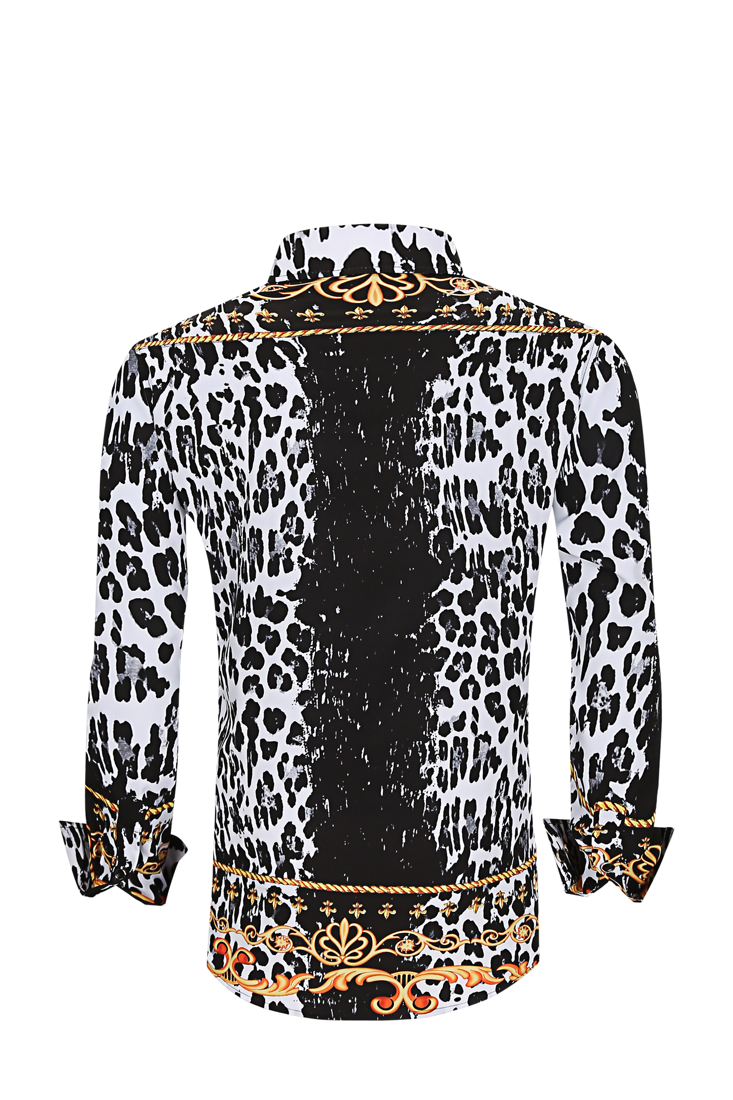 Men PREMIERE Long Sleeve Button Down Dress Shirt White White Black Leopard Spots