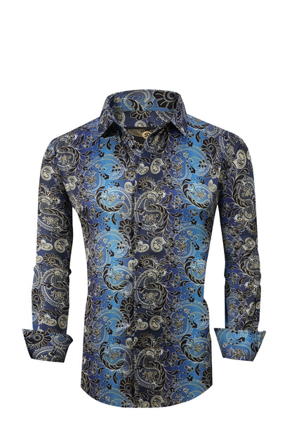 Men PREMIERE Long Sleeve Button Down Dress Shirt Silky Black Blue Gold Paisley Design