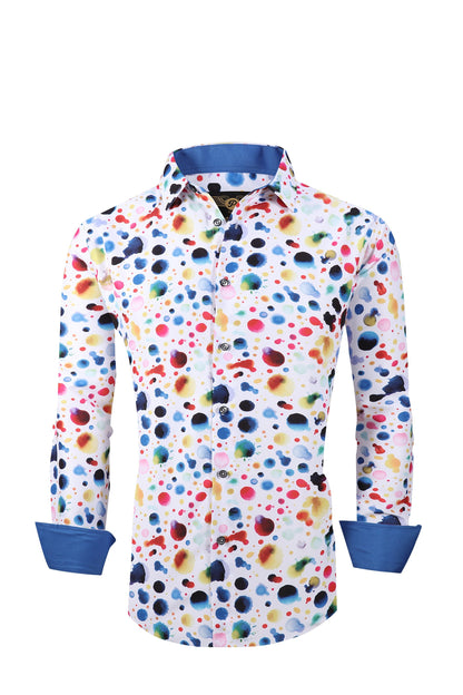 Men PREMIERE Long Sleeve Button Down Dress Shirt White Blue Colorful Spots