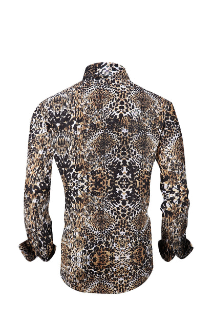 Men PREMIERE Long Sleeve Button Down Dress Shirt Black Brown Cheetah