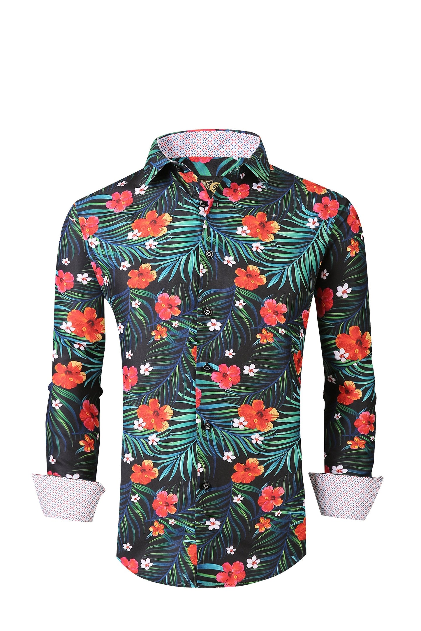Mens PREMIERE Long Sleeve Button Down Dress Shirt GREEN RED HIBISCUS FLORAL