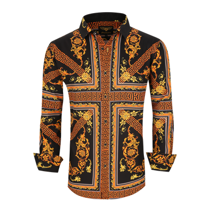 Men's PREMIERE Black Gold Cross Floral Tribal Long Sleeve Button Down Dress Shirt