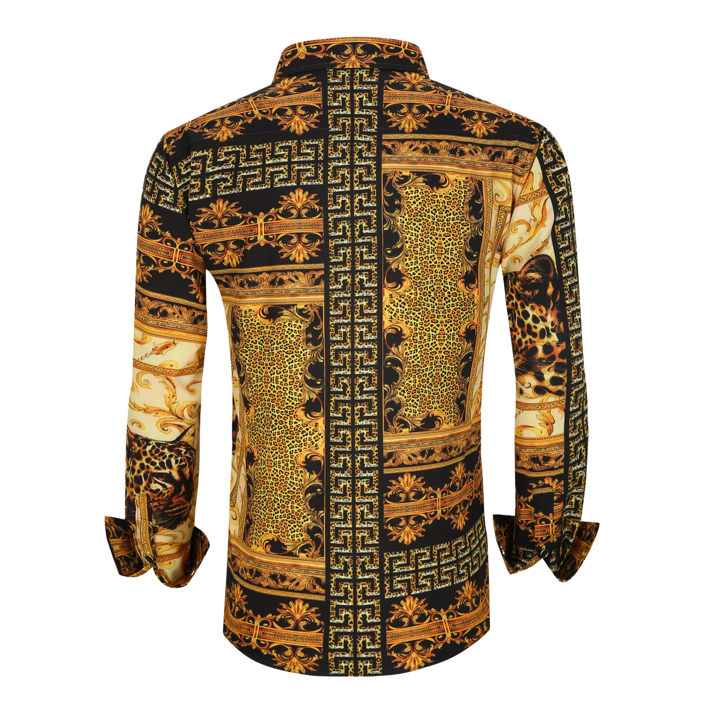 Men's PREMIERE Black Gold Leopard Tribal Paisley Long Sleeve Button Down Dress Shirt