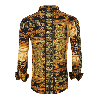 Men's PREMIERE Black Gold Leopard Tribal Paisley Long Sleeve Button Down Dress Shirt