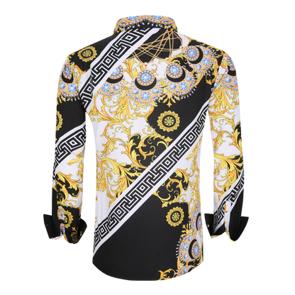Men's PREMIERE Black Gold Jewels Tribal Floral Long Sleeve Button Down Dress Shirt