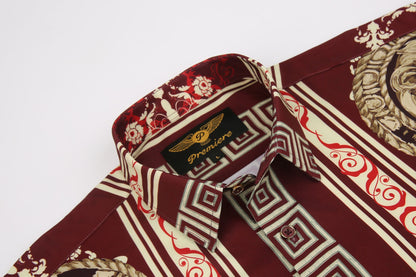 Men's PREMIERE Burgundy Red Gold Roaring Lion Long Sleeve Button Down Dress Shirt