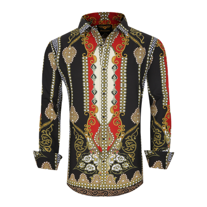 Men's PREMIERE Black White Red Pearl Spades Geometric Floral Tribal Design Long Sleeve Button Down Dress Shirt