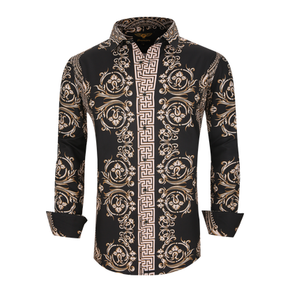 Men's PREMIERE Gold Black White Geometric Floral Tribal Design Long Sleeve Button Down Dress Shirt
