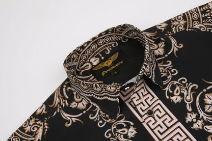 Men's PREMIERE Gold Black White Geometric Floral Tribal Design Long Sleeve Button Down Dress Shirt