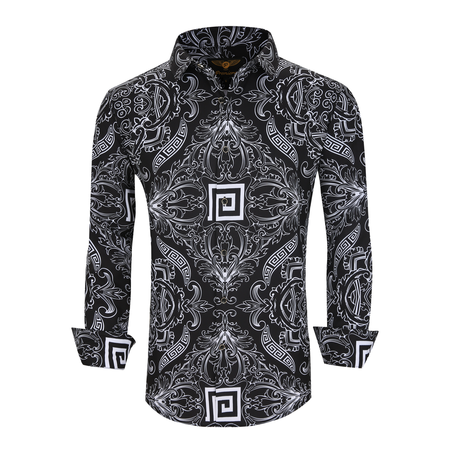 Men's PREMIERE Black White Geometric Floral Tribal Design Long Sleeve Button Down Dress Shirt