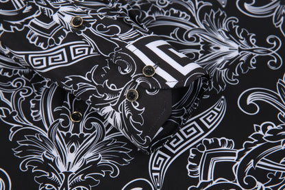 Men's PREMIERE Black White Geometric Floral Tribal Design Long Sleeve Button Down Dress Shirt