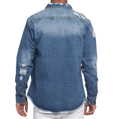 Mens Distressed Denim Over Shirt Button Up Jacket Blue Wash Vintage Jean Jacket