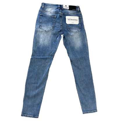 Men's Premium Distressed Light Blue Denim White Wash Skinny Jeans with Stretch