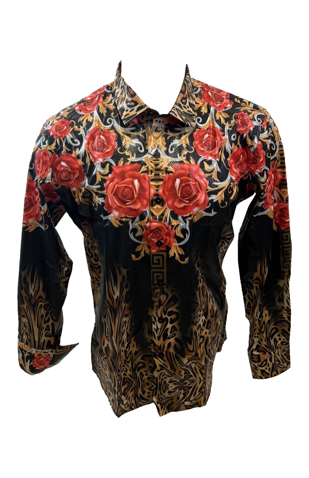 Men's Long Sleeve Button Down Dress Shirt Black Red Gold Leopard Floral Geometric