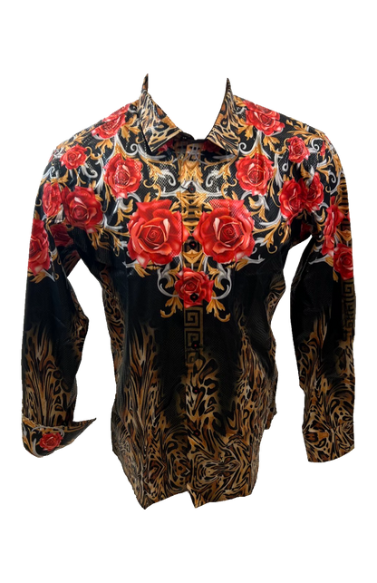 Men's Long Sleeve Button Down Dress Shirt Black Red Gold Leopard Floral Geometric