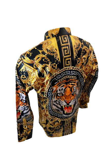 Men's Long Sleeve Button Down Dress Shirt Roar Tiger Black Gold Colorful