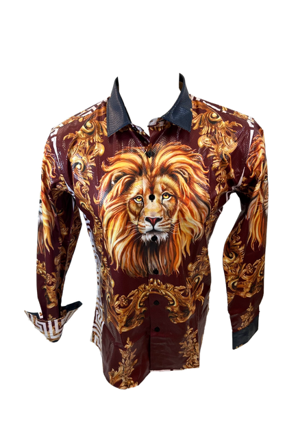 Men's Long Sleeve Button Down Dress Shirt Roar Tiger Burgundy Red White Gold Lion