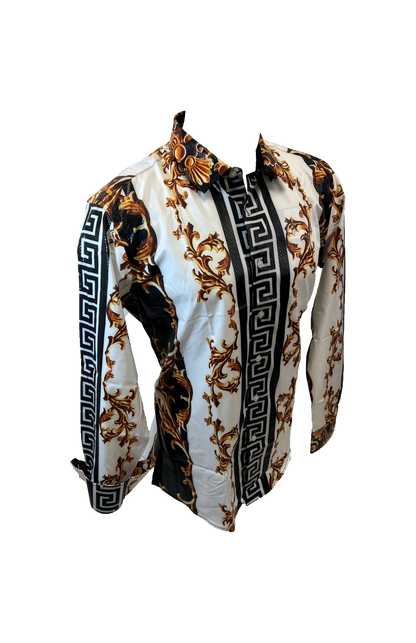 Men's Long Sleeve Button Down Dress Shirt White Black Gold Leaf Tribal Geometric