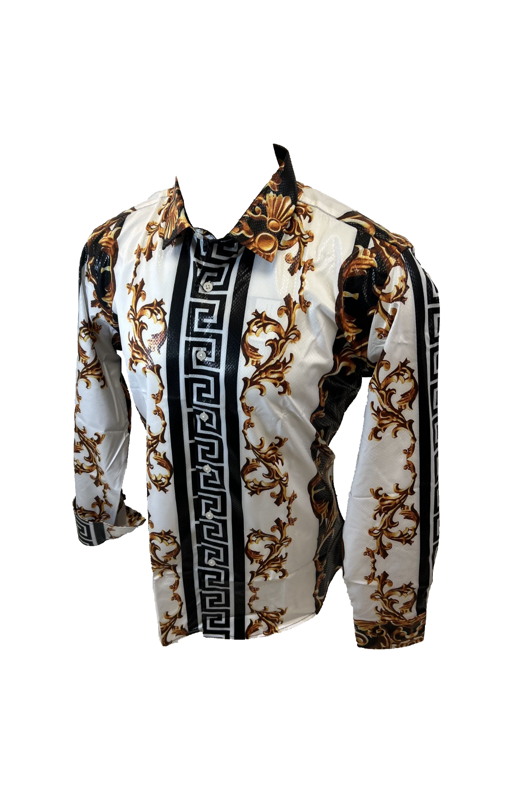 Men's Long Sleeve Button Down Dress Shirt White Black Gold Leaf Tribal Geometric