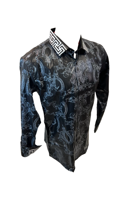 Men's Long Sleeve Button Down Dress Shirt Black White Jewel Geometric Print