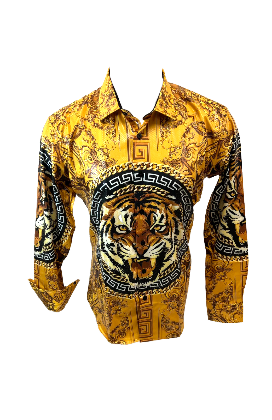 Men's Long Sleeve Button Down Dress Shirt Roar Tiger Golden Black White Gold Lion