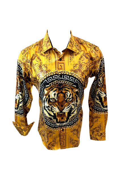 Men's Long Sleeve Button Down Dress Shirt Roar Tiger Golden Black White Gold Lion