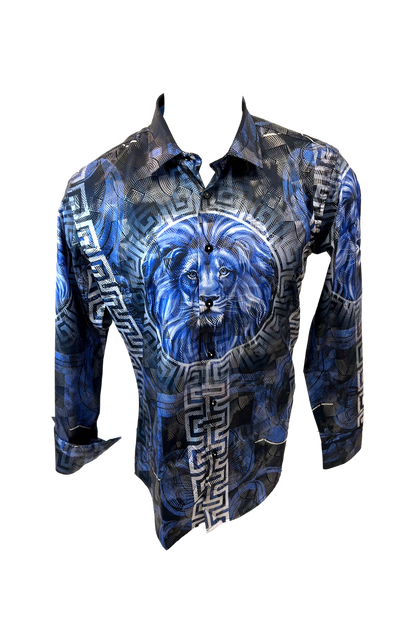 Men's Long Sleeve Button Down Dress Shirt Roar Lion Blue Black White Leaf Tiger