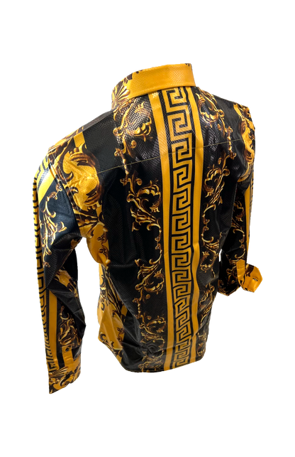Men's Long Sleeve Button Down Dress Shirt Black Gold Geometric Leaf Baroque