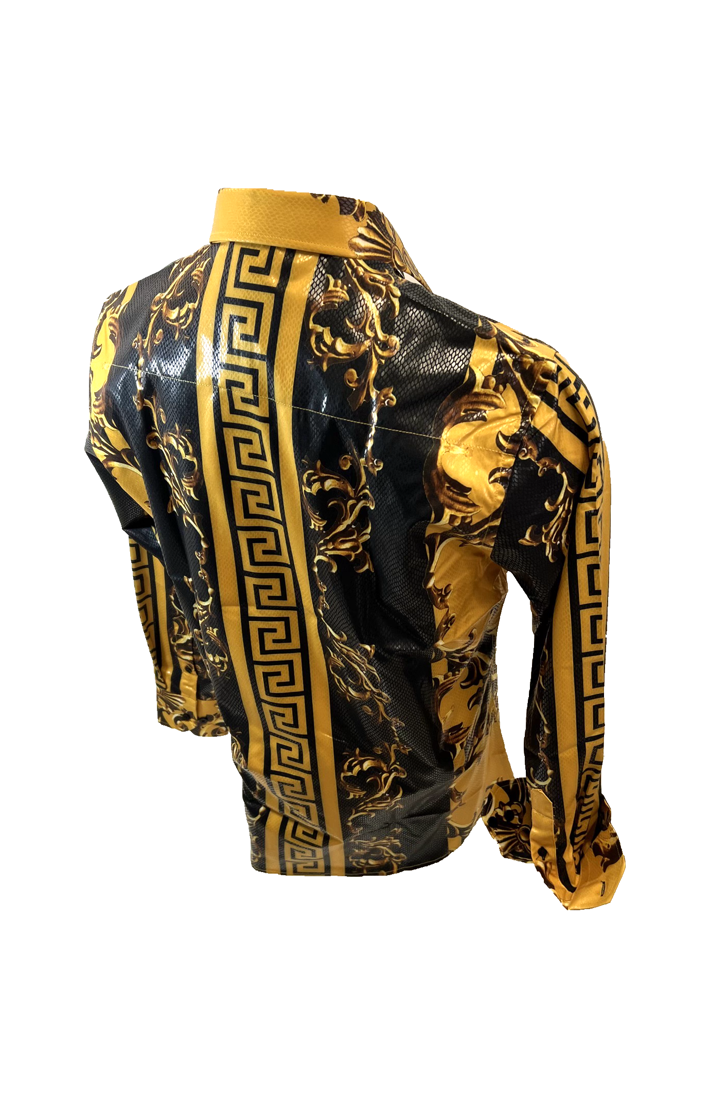 Men's Long Sleeve Button Down Dress Shirt Black Gold Geometric Leaf Baroque