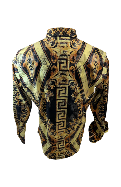 Men's Long Sleeve Button Down Dress Shirt Black Gold Diamond Tribal Geometric All Over Pattern