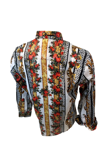 Men's Long Sleeve Button Down Dress Shirt Red White Gold Floral Tribal Geometric